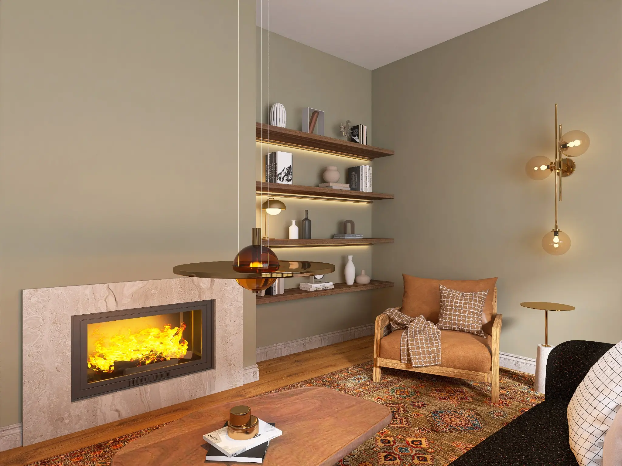 The Snug fireplace, illuminated oak shelves and reading chair