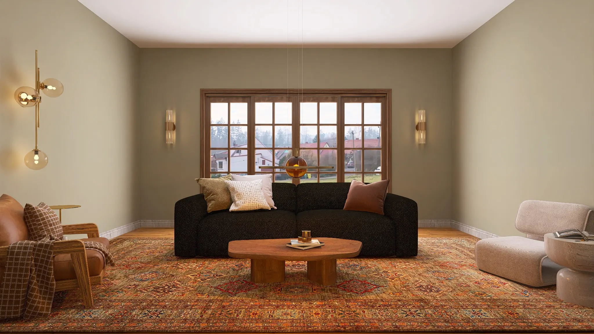 Front view of The Snug showing its conversational furniture layout, oak table and layered lighting