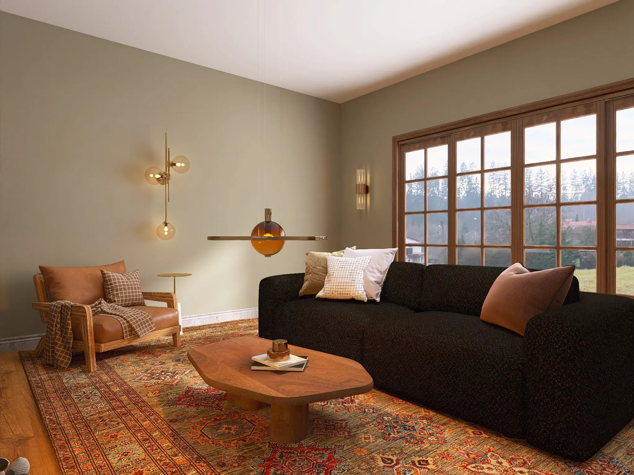 The Snug seating area with black sofa, oak chair, brass lighting and patterned rug